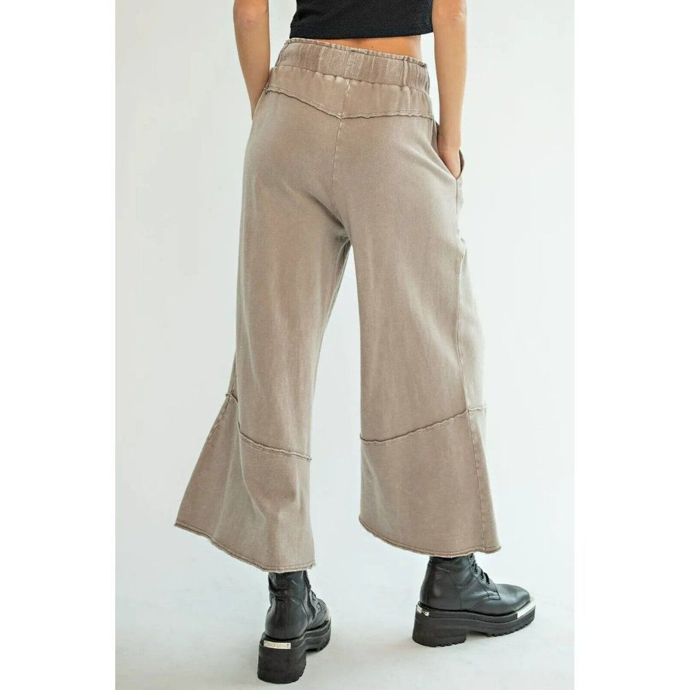 Easel Washed Terry Knit Wide Leg Boho Bohemian Pants in Mushroom S-L EB40706 - Picture 4 of 4